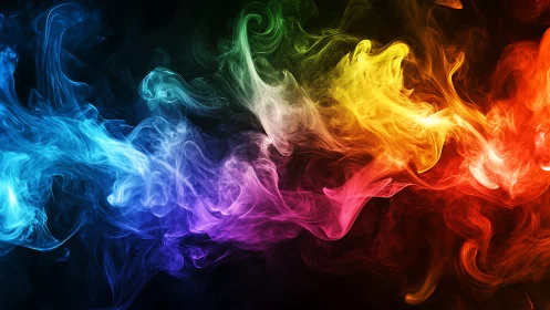 Vibrant multicolor smoke clouds flow across dark background