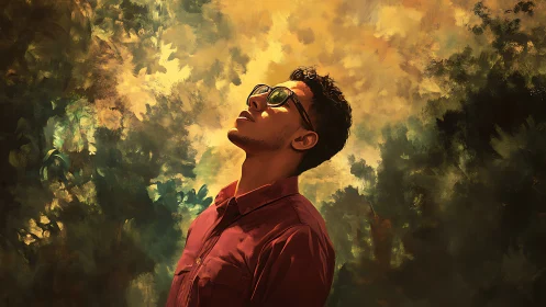 Male figure in red shirt studies dappled forest canopy light