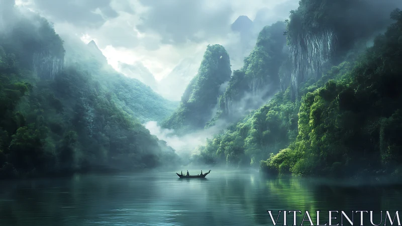 Mist-veiled limestone fjord cradles tranquil fishing boat.