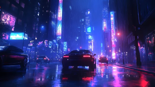 Nighttime city street with cars and neon billboards in rain.