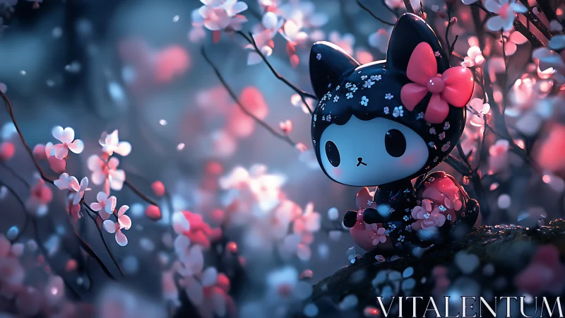 Chibi cat character in glowing cherry blossom forest.