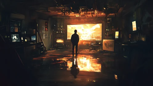 Silhouetted figure observes glowing cityscape through window