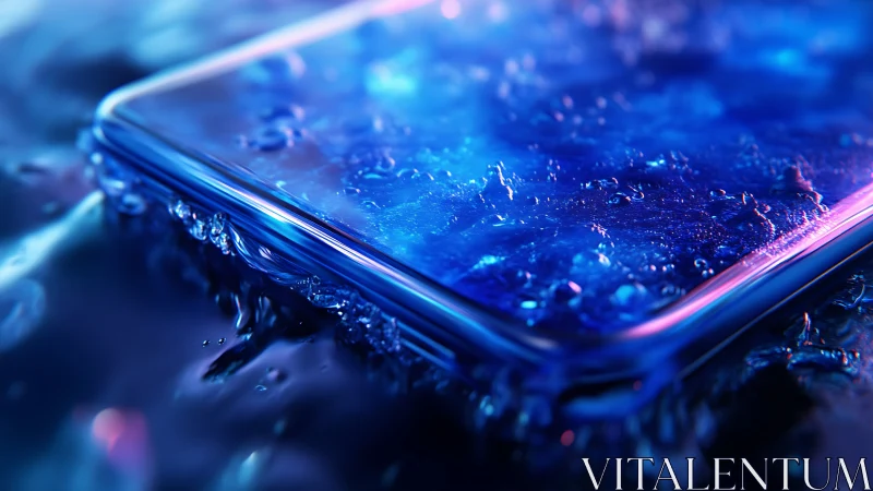 Waterproof smartphone submerged in glowing blue water.
