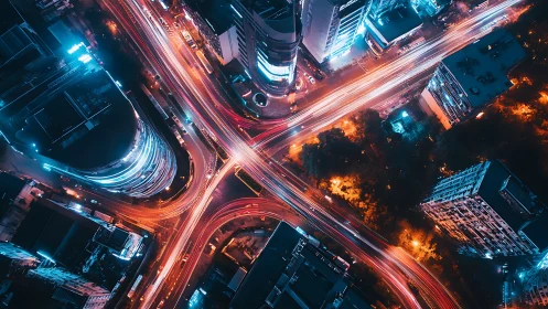 Neon crossroads blaze through a futuristic midnight city grid.