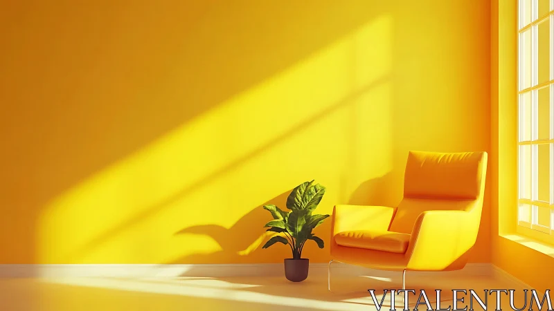 Yellow interior scene shows chair, plant and window light