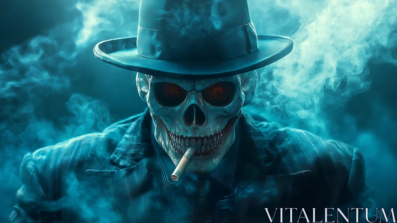 Noir skeletal gangster in hat and suit within volumetric cyan smoke