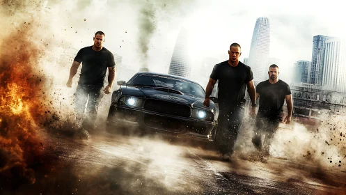 Three men advance beside a muscle car through urban smoke