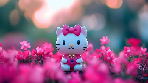 Cartoon cat figurine sits among bright pink flowers outdoors
