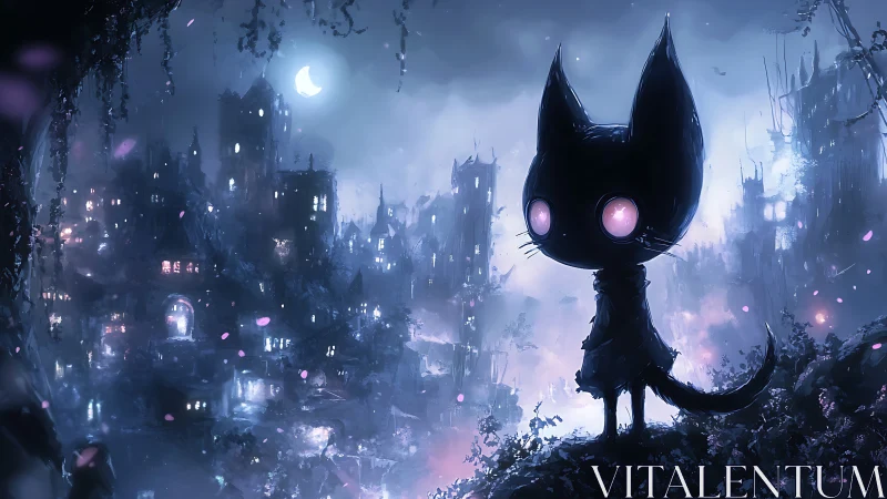 Catlike figure overlooking illuminated fantasy city at night.