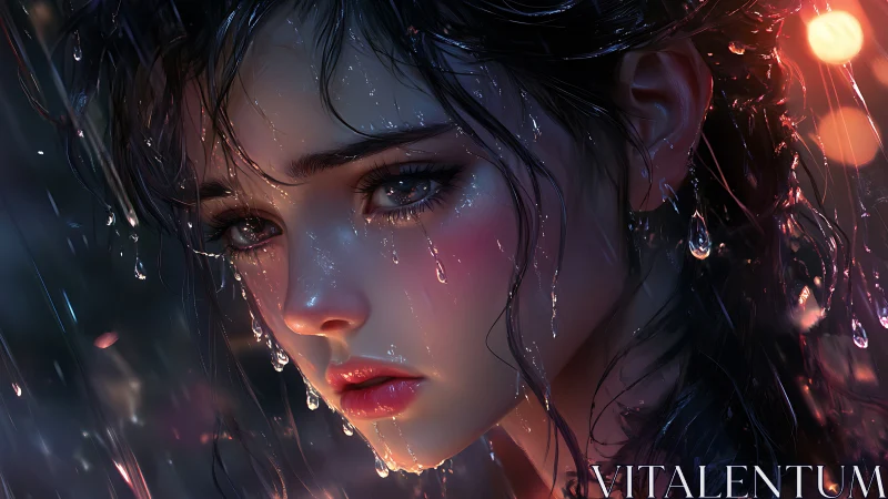 Specular-lit wet portrait with high-fidelity raindrop rendering.