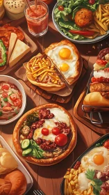 Overhead digital painting of loaded brunch skillets and salads