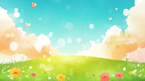 Cartoon meadow landscape with flowers, clouds and hearts.