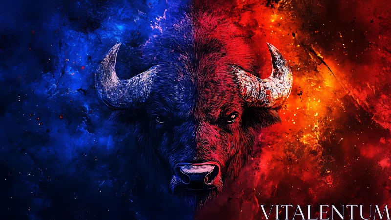 Bison head divides blue and red cosmic energy fields