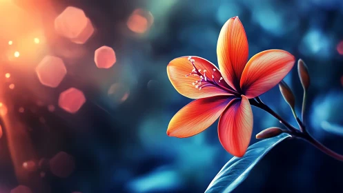 Red flower with five petals rendered in digital composition with bokeh background effects