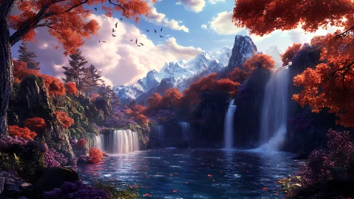 Waterfalls cascade through red forest into reflective lake