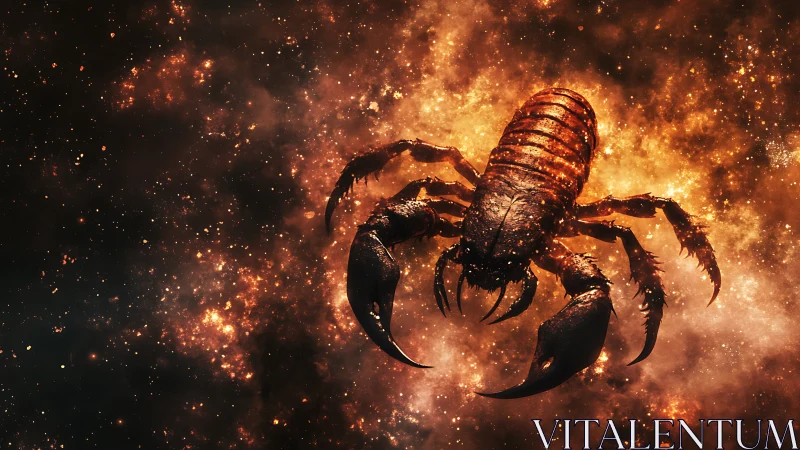 Scorpion-shaped cosmic creature in fiery star cloud.