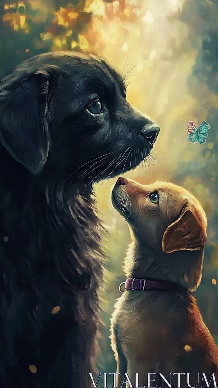 Two digitally rendered dogs observe a butterfly in soft light