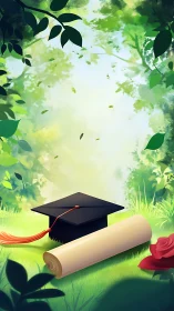 Graduation cap and diploma on sunlit forest clearing.