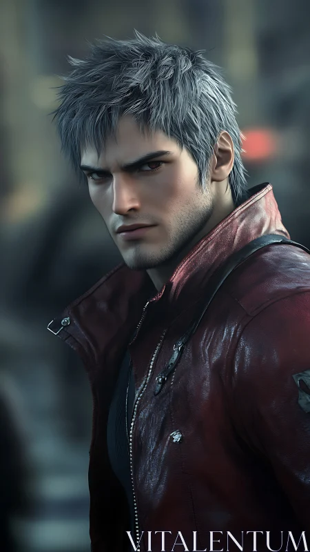 Brooding silver-haired warrior in glossy red jacket portrait.
