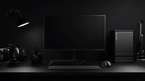 Minimalist black workstation with monitor, tower, and peripherals.