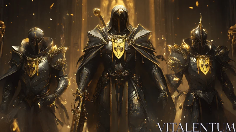 Golden armored paladins advance through luminous hall of light