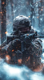 Snowbound soldier aiming rifle in burning winter forest.