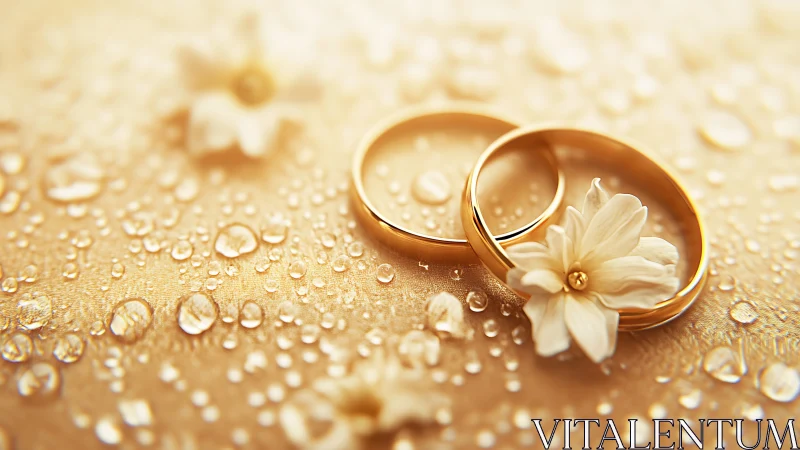 Golden wedding rings resting softly among dewdrop sparkles.