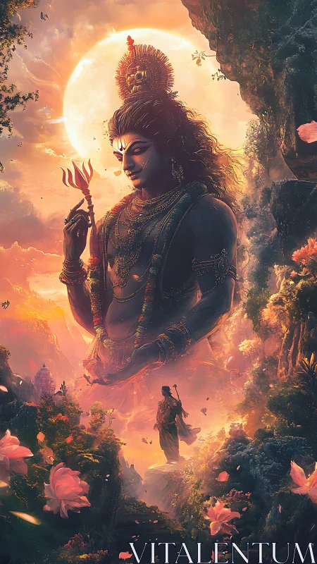 Towering divine figure over glowing valley at sunset.