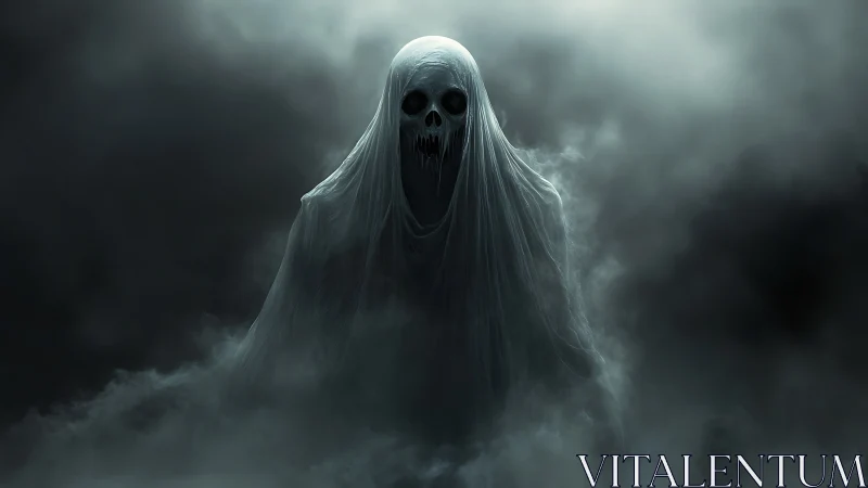 Spectral wraith entity in volumetric fog with skull visage