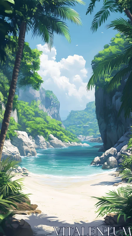 Tropical Beach Cove: Palm Framed Turquoise Paradise.