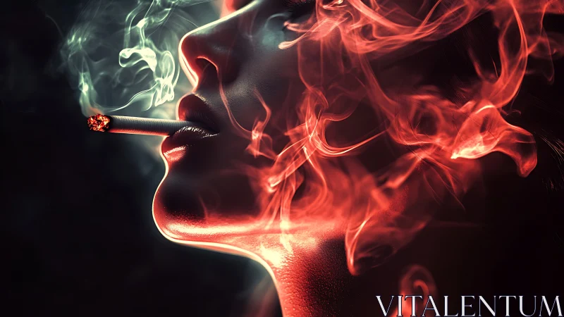 Smoldering profile with neon red smoke and lit cigarette.