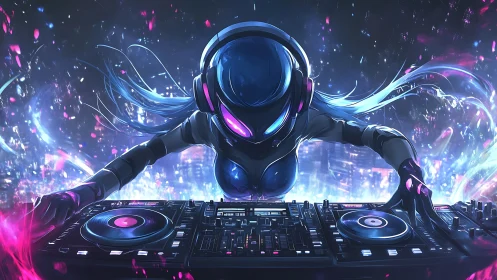 Neon visor DJ android bending night into liquid basslines.