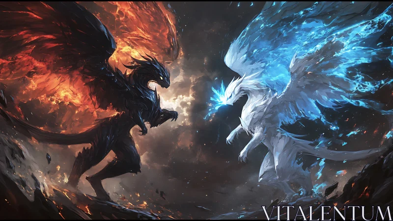Twin elemental dragons locked in fiery ice sky battle.