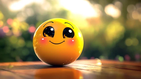 Yellow spherical emoticon on wooden surface outdoors.