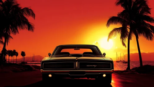 Classic muscle car at tropical sunset coastline scene.