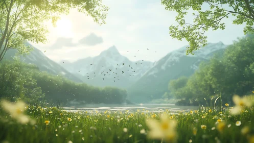 Mountain lake valley with wildflowers under soft daylight.