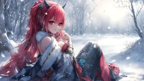 Crimson horned heroine resting in luminous winter snowfall.