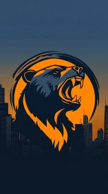 Roaring bear emblem dominating stylized city skyline at dusk.