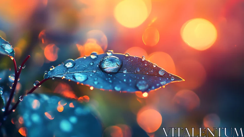 Dew-covered leaf captures sunset bokeh in luminous macro view
