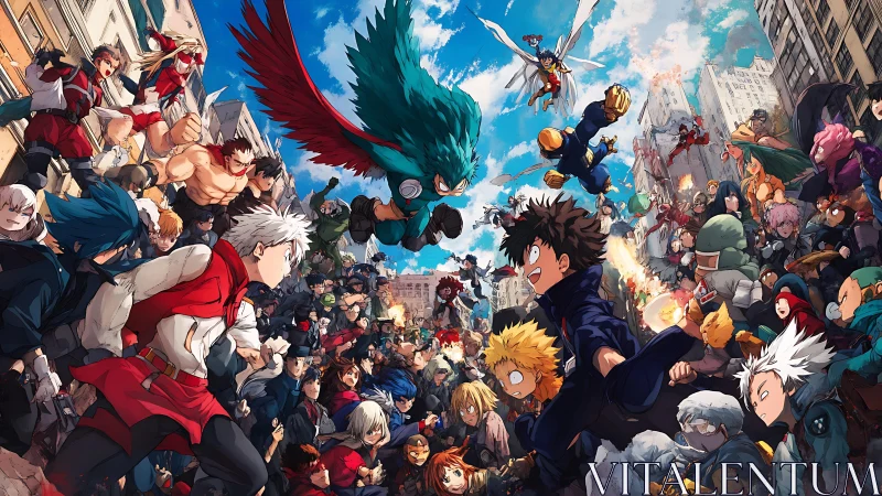 Skyline clash of quirk-charged heroes in riotous anime city.