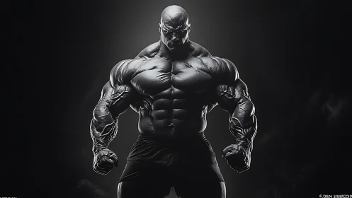 Monochrome hyperreal bodybuilder stands in dramatic rim light