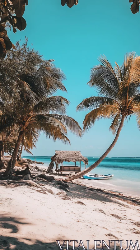 Tropical Beach with Palm Trees and Thatched Shelter.