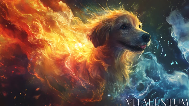 Celestial golden retriever forged from fire and stardust.