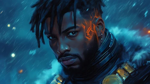 Cybernetic man in winter storm with neon facial markings.