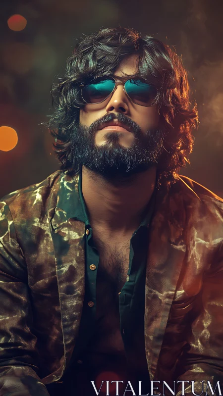 Photorealistic portrait of bearded man in cinematic bokeh lighting.