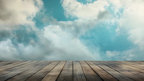 Weathered wooden deck meets soft clouds and blue sky.