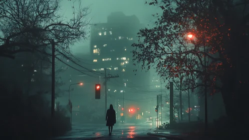 Solitary figure at red light in misty urban night street.