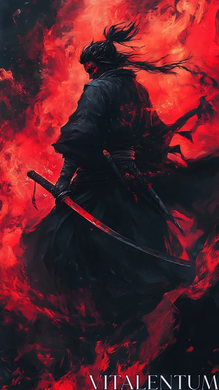 Lone dark samurai strides through swirling inferno blaze