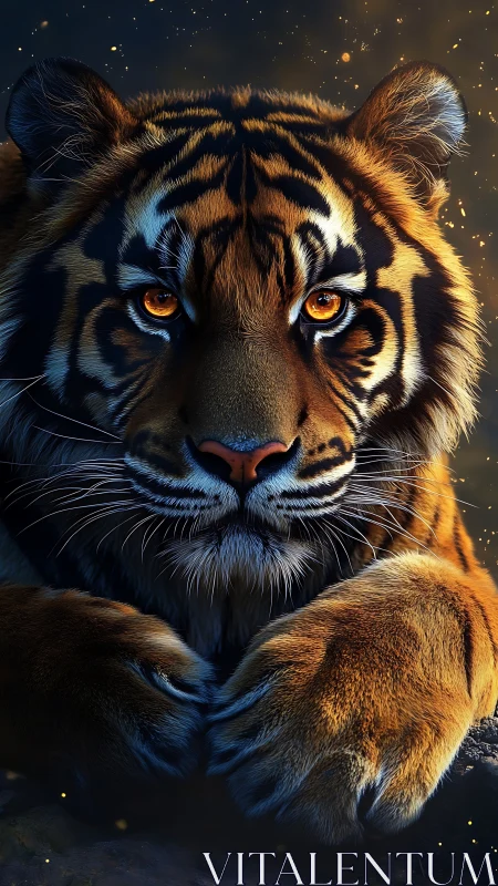 Gentle tiger gaze glowing softly in warm twilight calm.