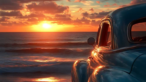 Sunset chrome and sea-swept dreams in a vintage coupe glow.